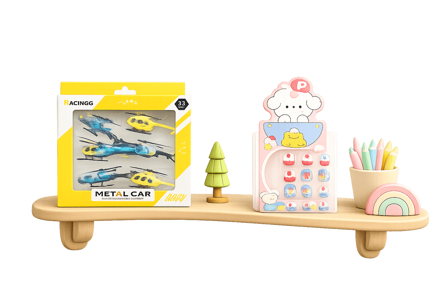Colorful kids stationery arranged on a wooden shelf