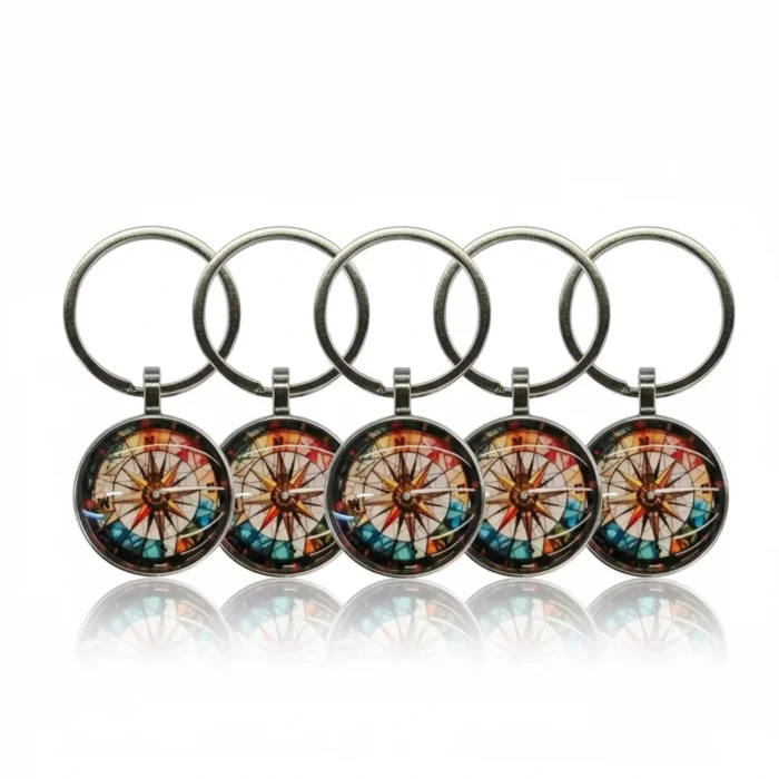 2D Flat Colorfull Glass Compass Keychains (5 Pcs)